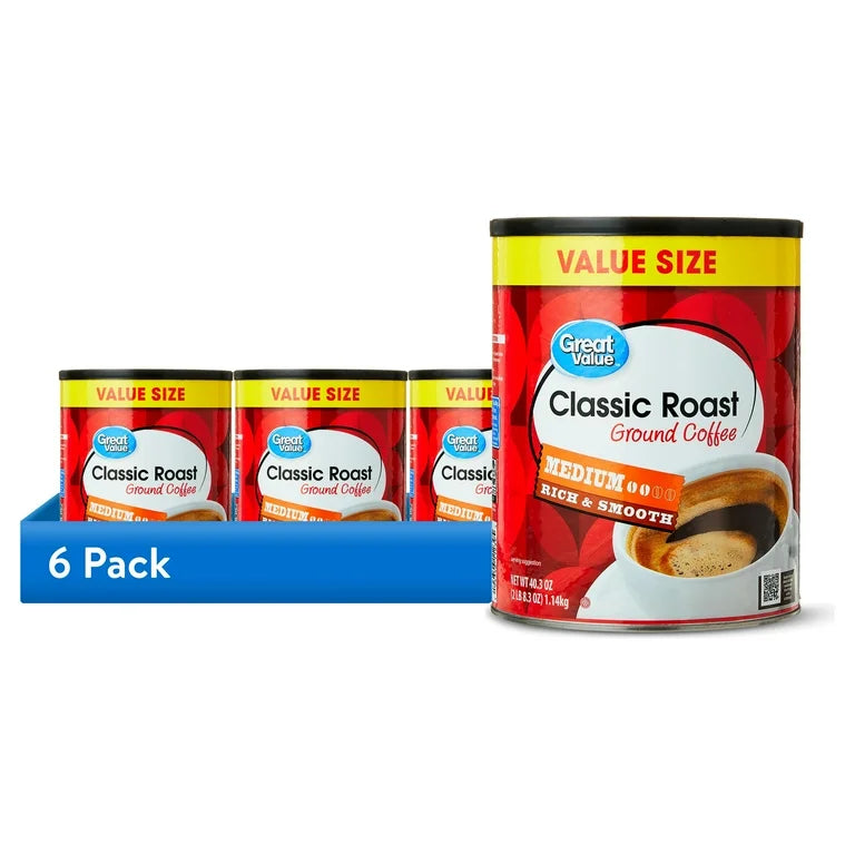Great Value Classic Medium Roast Ground Coffee 40.3 oz – 6 Pack Value Size Canister | Fresh & Smooth Everyday Coffee