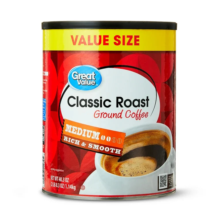 Great Value Classic Medium Roast Ground Coffee 40.3 oz – 6 Pack Value Size Canister | Fresh & Smooth Everyday Coffee