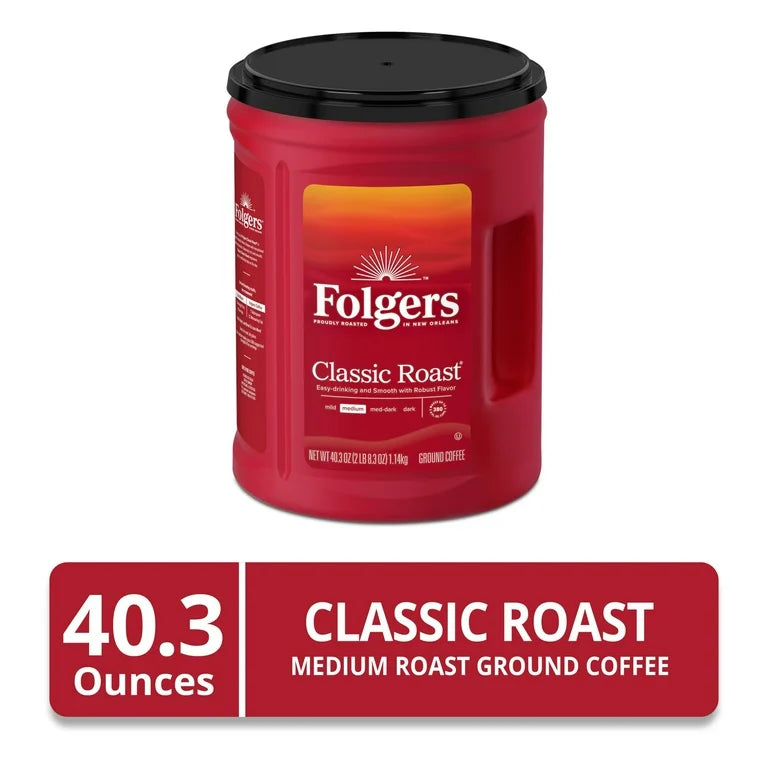 Folgers Classic Roast Medium Ground Coffee 40.3 oz Canister – Rich & Smooth Everyday Coffee