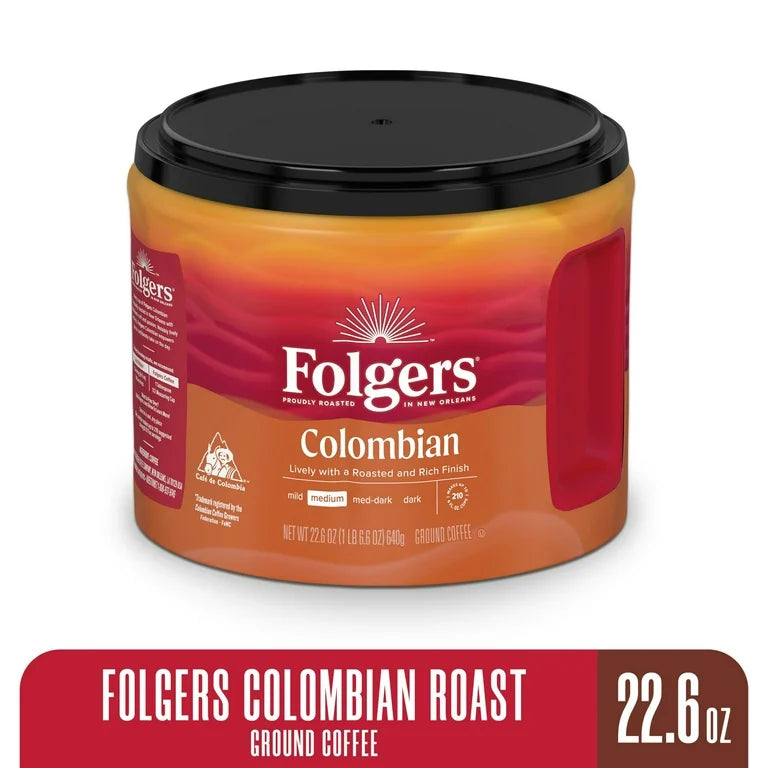 Folgers Colombian Medium Roast Ground Coffee 22.6 oz – 100% Colombian Rich & Smooth Flavor