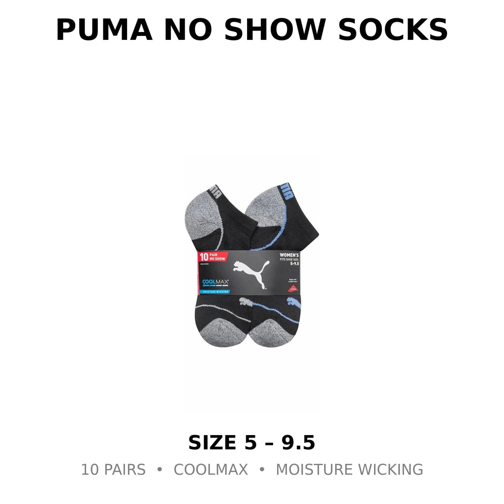 PUMA Women’s CoolMax No Show Socks – 10 Pack, Moisture Wicking, Cushioned Comfort (Fits Shoe Size 5–9.5)