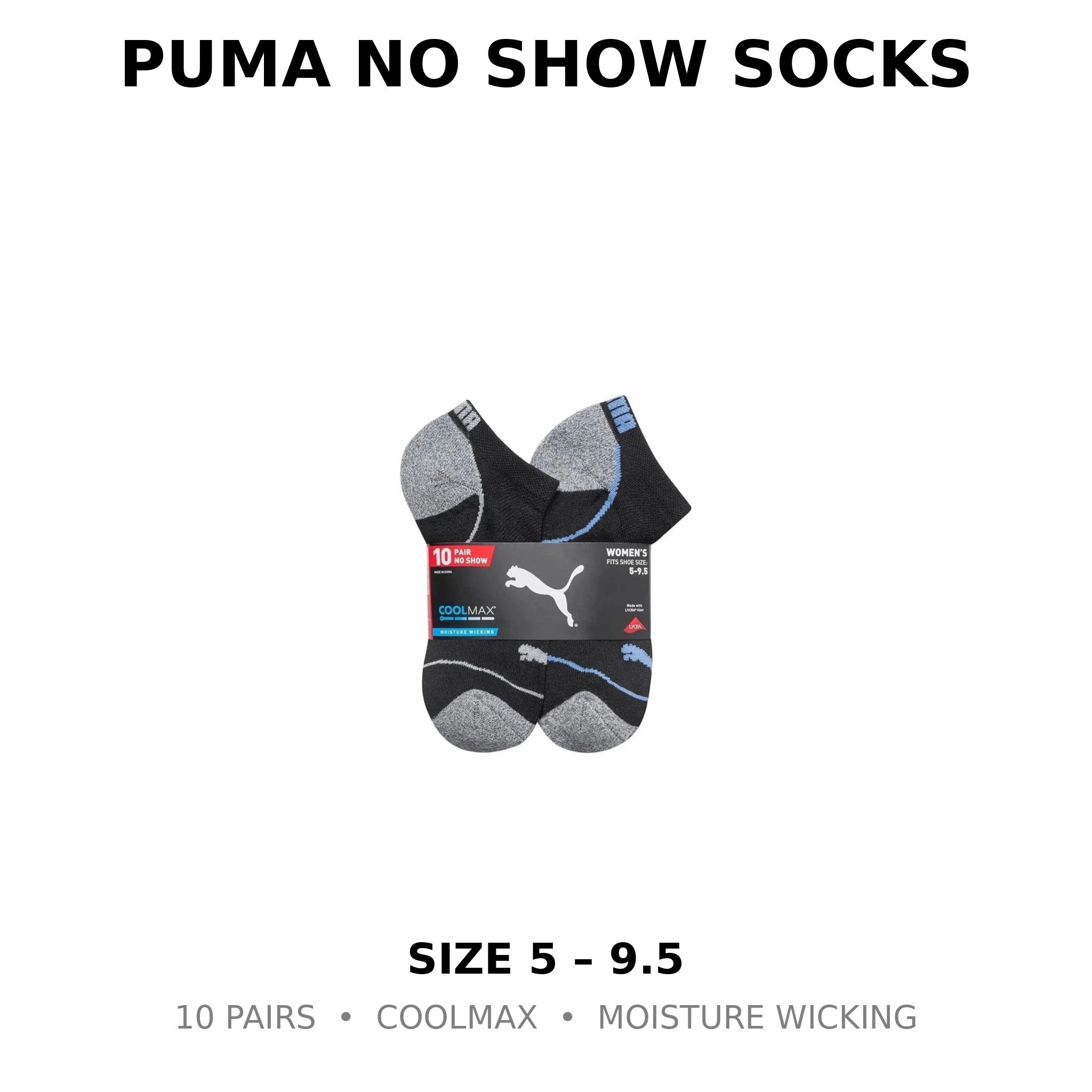 PUMA Women’s CoolMax No Show Socks – 10 Pack, Moisture Wicking, Cushioned Comfort (Fits Shoe Size 5–9.5)