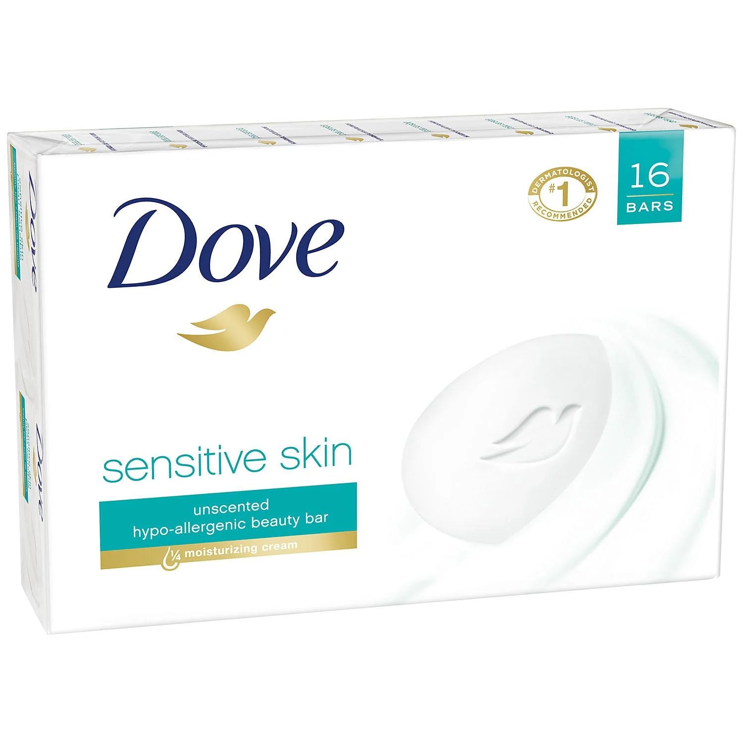 Dove Sensitive Skin Beauty Bar Soap 16 Pack – Fragrance Free, Hypoallergenic & Moisturizing