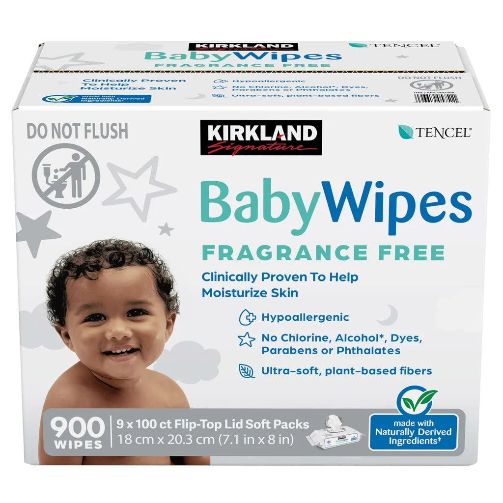 Kirkland Signature Baby Wipes Fragrance Free 900 Count | Hypoallergenic & Ultra Soft | Flip-Top Packs