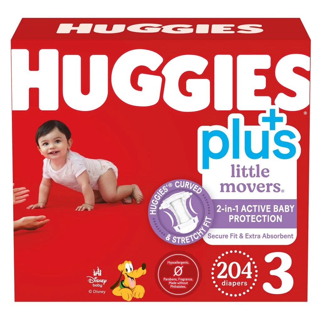 Huggies Plus Diapers Size 3 (16–28 lb) 204 Count | 2-in-1 Skin Protection | Hypoallergenic & Ultra Absorbent