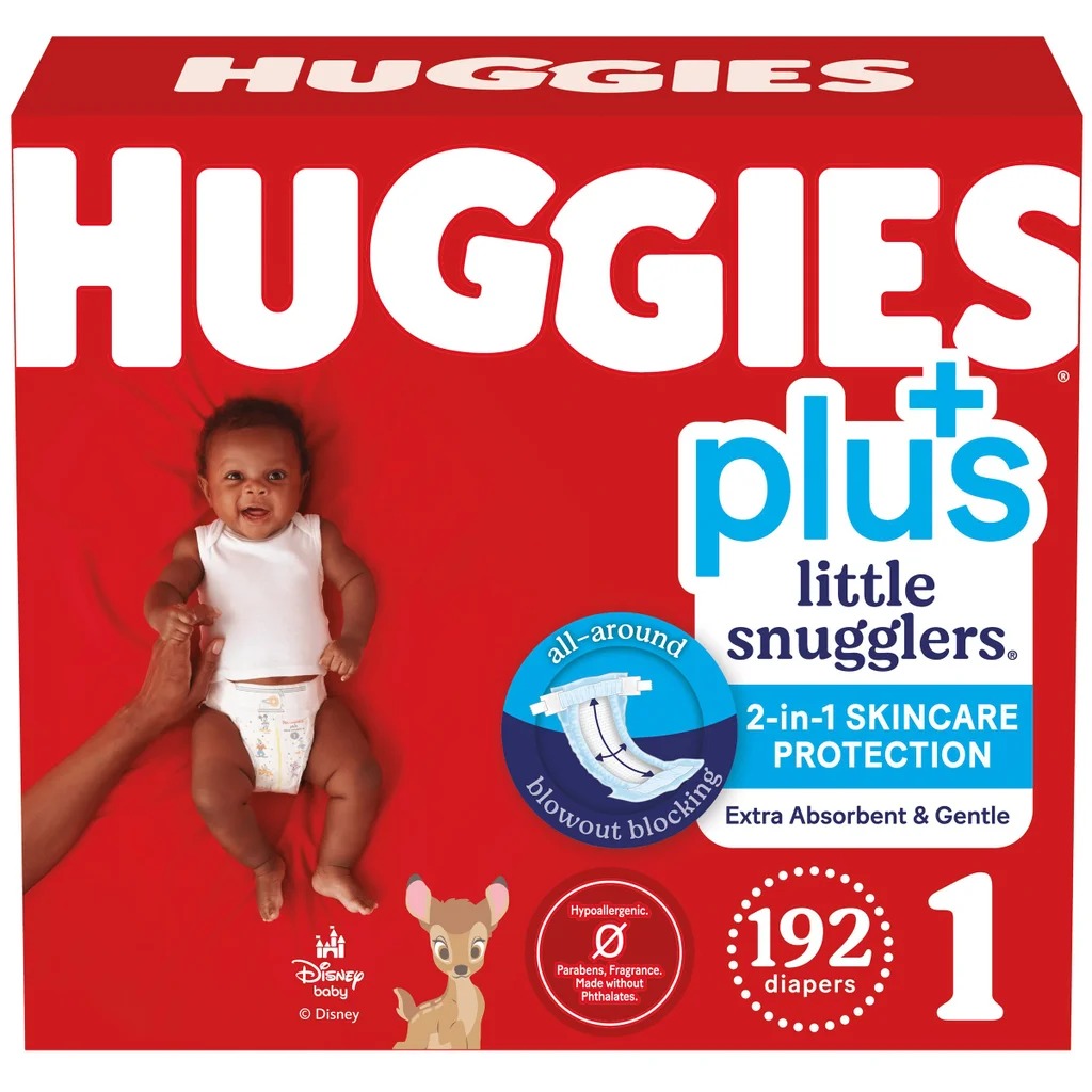 Huggies Plus Little Snugglers Size 1 Diapers (8–14 lb) 192 Count | Hypoallergenic & Leak Protection | Ultra Soft Baby Diapers