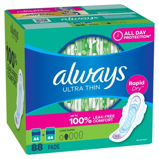 Always Ultra Thin Sanitary Pads 88 Count | RapidDRY Leak Protection | Unscented Feminine Care