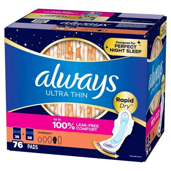 Always Ultra Thin Advanced Overnight Pads, 76-count